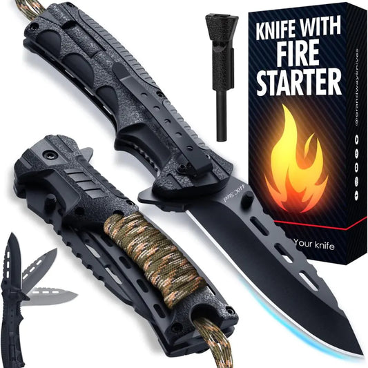 Tactical Folding Knife w/ Fire Starter, Whistle and Paracord