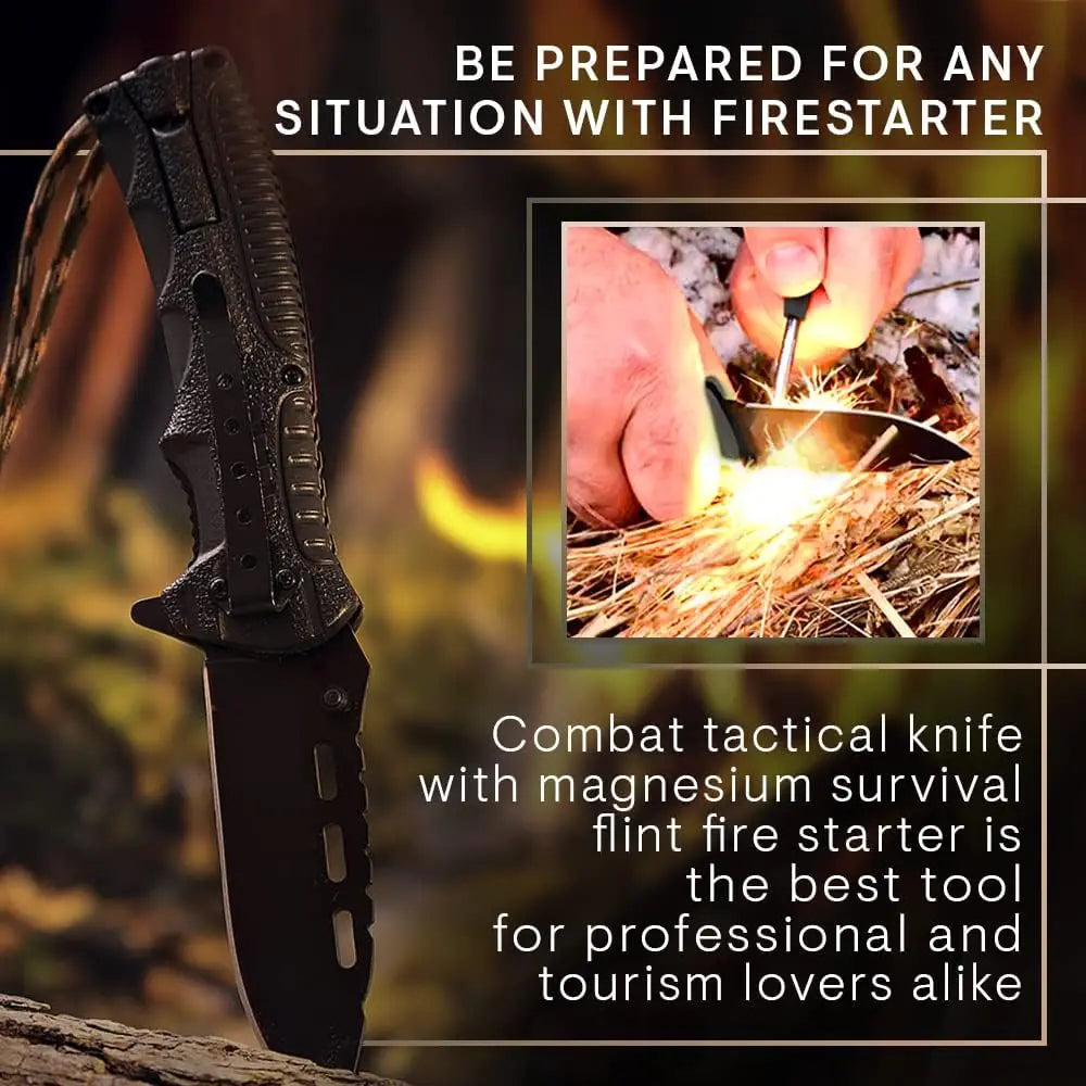 Tactical Folding Knife w/ Fire Starter, Whistle and Paracord