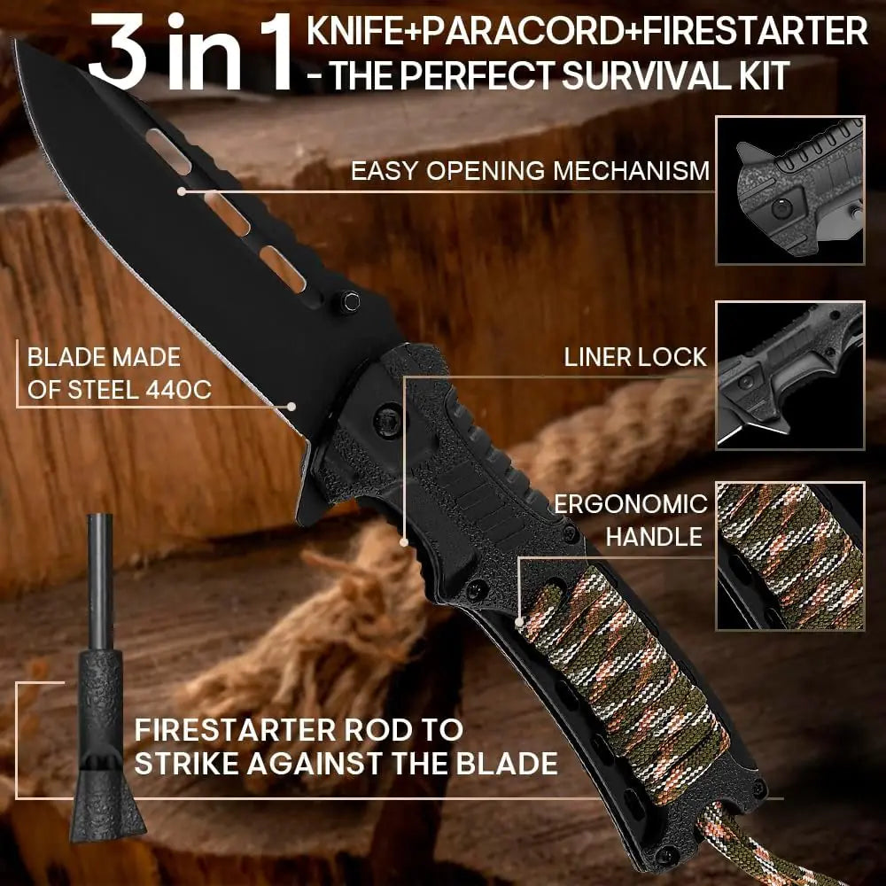 Tactical Folding Knife w/ Fire Starter, Whistle and Paracord