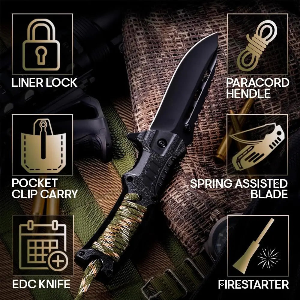 Tactical Folding Knife w/ Fire Starter, Whistle and Paracord